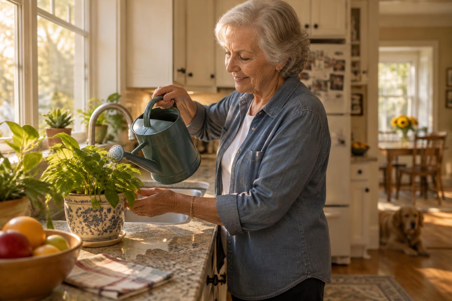 An independent older woman tending plants in her sunlit kitchen